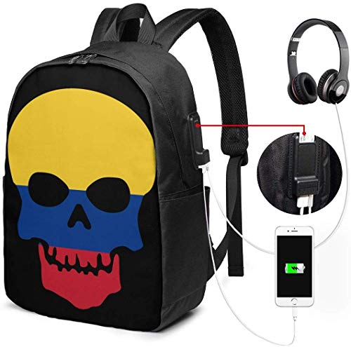 Mochila con interfaz USB Skull Skeleton Colombia Flags of Countries Waterproof Laptop