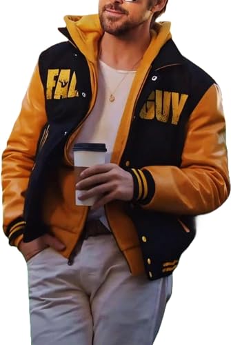 Men's The Fall Ryan Guy Gosling Stuntman 2024 Letterman Black and Yellow Bomber Hooded Varsity Jacket Hood2