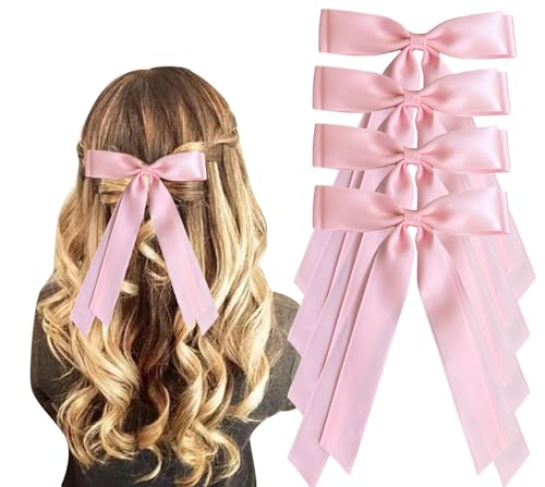 4pcs Silky Satin Ribbon Bow Hair Clips for Women Bowknot Hair Ponytail Holder Accessories for Women Girls Toddlers Teens Kids Party Wedding Prom Daily Outfits (Light pink 4pcs)