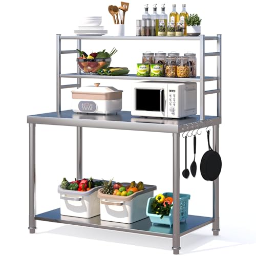 UNIONLINE Stainless Steel Table with 2 Layer Top Shelf,Commercial Catering Tables Undershelf, Food Prep Workbench for Outdoor Kitchen Pizza Oven 122x61x138 cm