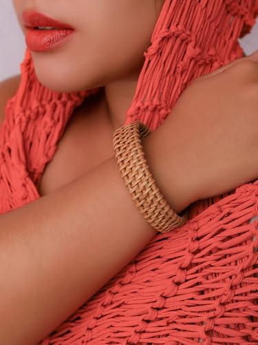 MINACHI Rattan Bracelet for Women, Handmade Lightweight Straw Wicker Braid Cuff Bangle, Adjustable Bohemian Woven Chunky Wrist Jewelry3