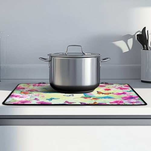 Image of Poceacles Stove Cover for Cooktop, Electric Stovetop Protector Cover Non-skid Multipurpose Induction Electric Stove Burner Mat Easy to Clean, Hummingbird Floral Butterfly Green