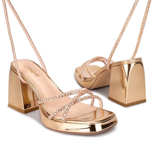 ISNOM Platform Heels for Women Comfortable Strappy Heels Short Block Chunky Sandals Ankle Strap Simple Summer Heeled Sandals Square Open Toe for Wedding Work Party Dressy Prom3
