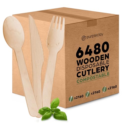 Wooden Compostable Utensils Set 6480 PCS (2160 Sets Fork Spoons Knives) Sturdy Wood Disposable Cutlery - Eco-Friendly Biodegradable Utensils for Party - Free From Plastic Cutlery Set for Eating