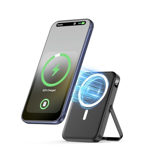 Portable Charger for Magsafe Battery Pack,10000mAh Power Bank with Foldable Stand,Travel Essential PD 22.5W Fast Charge,Magnetic Charge Wireless Charger for iPhone 17/16/15/14/13/12 Series–Black