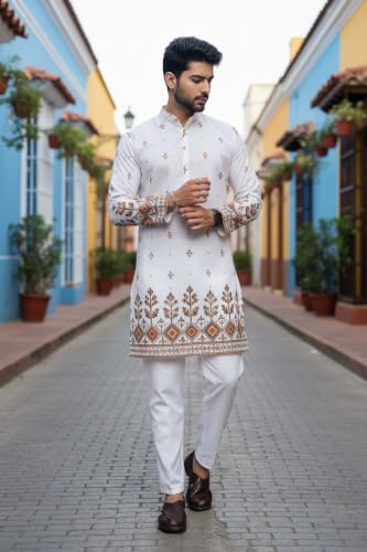Image of Trustous Men's White Printed Kurta | Stylish Ethnic Wear Kurta for Men | Regular Fit Traditional Kurta | Festive, Wedding, Party & Casual Wear