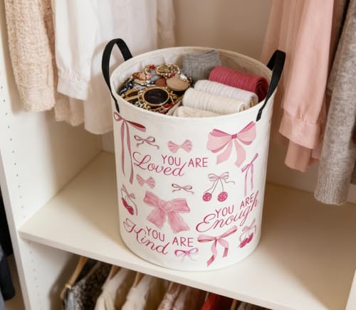 Image of ESSME Kids Laundry Basket,Pink Hamper Collapsible Canvas Waterproof Storage Bin for Girls, Cute Hamper,Gift Baskets(bow)
