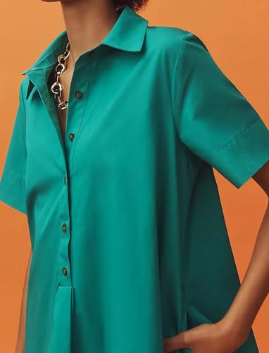 Image of Dsewpaur Short Sleeve Swing Tunic Mini Dress for Women Button Up Shirt Blouse Short Dress Summer Casual Flowy A Line Dress