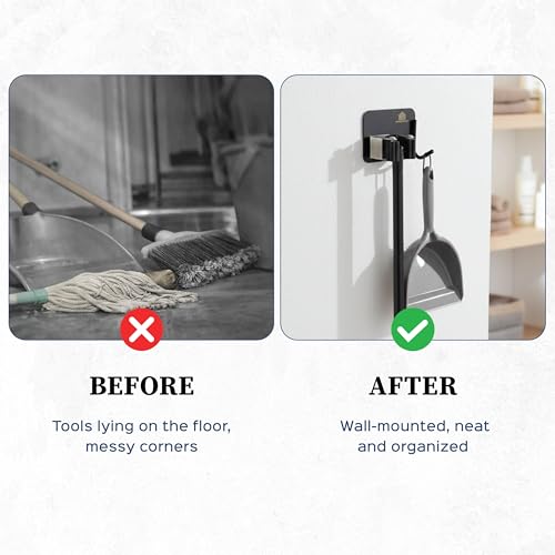 Image of HomeStrap Stick-On Mop & Broom Holder with Rubber Grip | Stainless Steel Wall Holder with Hook for Mops, Brooms, Wiper & Towels | No Drilling Waterproof Self-Adhesive Hook for Daily Use | Set of 2