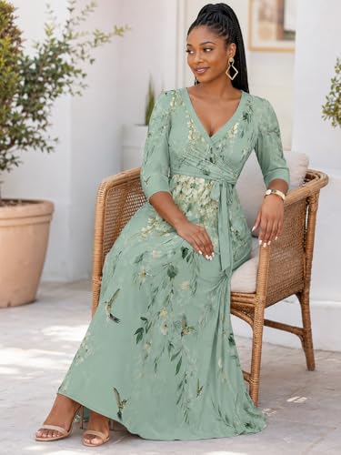 Image of PinkPatty Plus Size Maxi Dress for Women Casual V Neck 3 /4 Sleeve Boho Printed Long Dress with Pockets