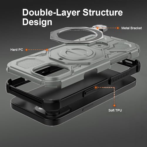 Image of KARWAN Tough Shockproof Armor Back Case Cover Compatible with iPhone 16 Pro Max with 360 Degree Rotation Magnetic Attraction Ring, Holder Heavy Duty Rugged Cover with MagEaze Wireless Charging (Grey)