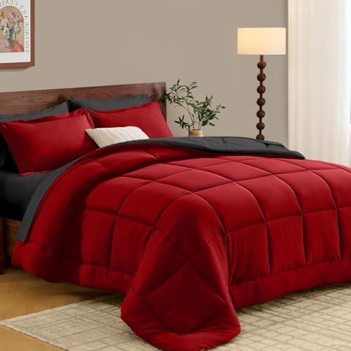 FUANNA Queen Comforter Set 7 Pieces Reversible Comforters Queen Size Bed in a Bag All Season Bedding Sets Includes Premium Comforter Flat Sheet Fitted Sheet Pillowcases & Shams Red & Black