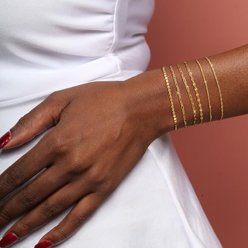 Tewiky Waterproof Gold Bracelets for Women Non Tarnish - Dainty Stack14K Gold Plated/Sterling Silver Chain Bracelets Set Adjustable Trendy Jewelry for Women2