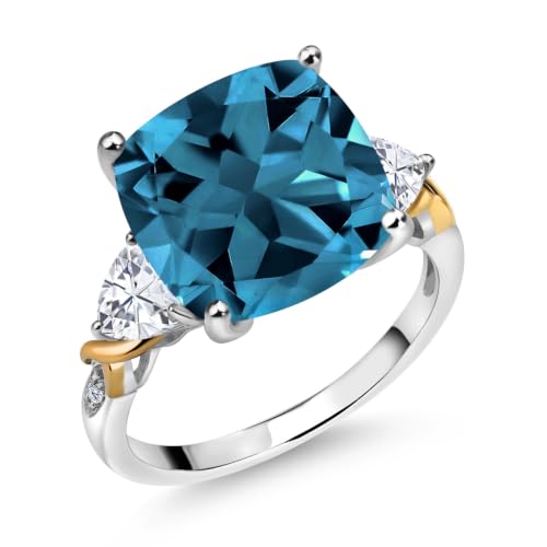 Gem Stone King 9.75 Cttw London Blue Topaz White Moissanite and Diamond Ring For Women | 925 Silver and 10K Yellow Gold | 12MM Cushion and 5MM Trillion | Available In Size 5 6 7 8 9