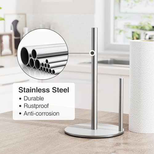 Image of Paper Towel Holder Silver, Premium Stainless Steel Kitchen Roll Dispenser, Countertop Roll Organizer with Weighted Base