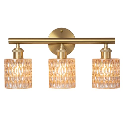 Image of Bathroom Vanity Light, Gold Wall Fixture Over Mirror, Amber Glass Shade Lighting with Bulbs Included for Bedroom & Living Room,3-Lights