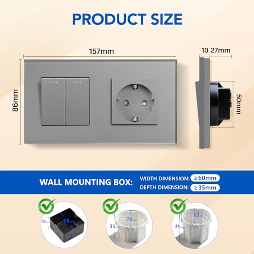 BSEED Lichtschalter Mit Steckdose 2 Fach 1 Weg - 10A Kristall Glas Platte Wandschalter Mit 16A Schuko Steckdose Grau - Physische Unterputz Wandschalter 157mm