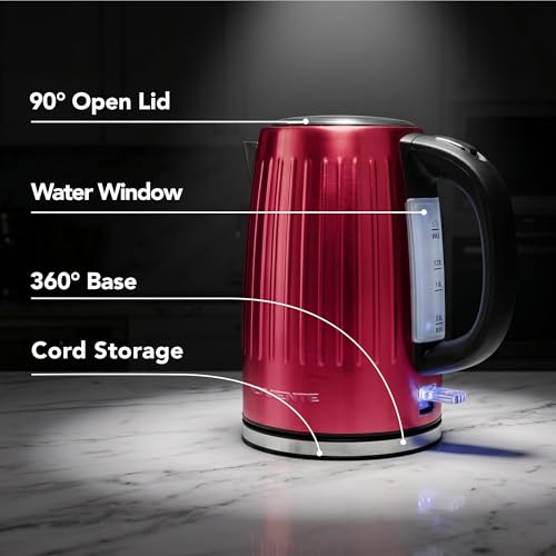 Image of OVENTE 1.7L Stainless Steel Electric Kettle, 1750W Power, Maroon KS711M | Fast Boiling Heater, BPA Free, Cordless Body Design, Auto Shut-Off, Boil-Dry Protection, Indicator Light and Removable Filter