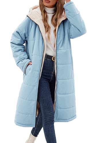 Vancavoo Wintermantel Damen Lang Winterjacke Warm Gefüttert Winterparka Winter Jacke Mantel Parka Steppmantel Daunenmantel mit Kapuze,Blau,XL