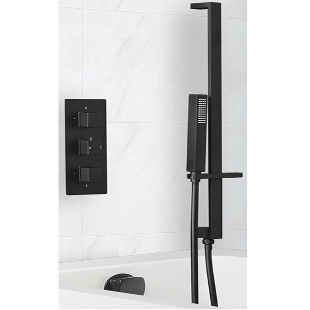 Milano Black Preto Thermostatic Mixer Valve Hand Shower Handset Riser Rail Overflow Bath Filler
