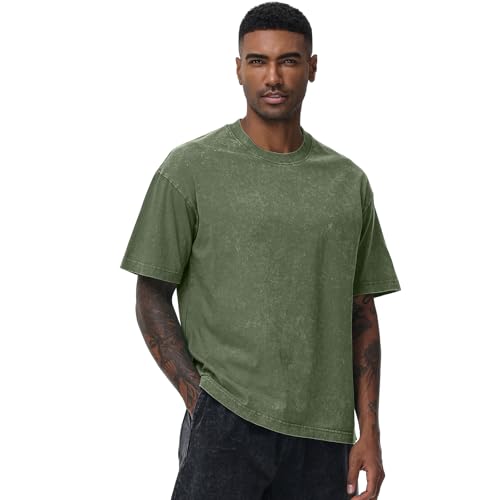 Image of Men's Oversized Cotton T-Shirts Loose Fit Vintage Washed Tee Unisex Short Sleeve Casual Shirts Tops