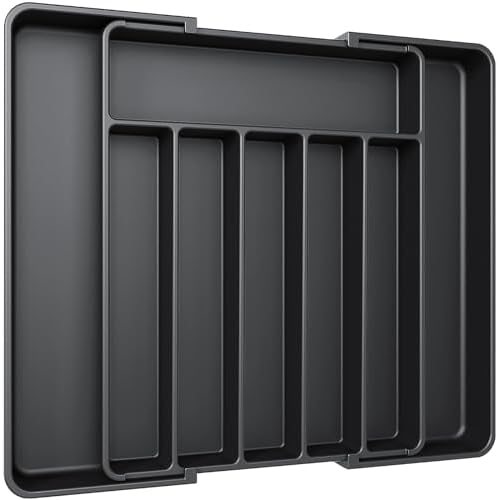Aujen Silverware Organizer - Expandable Kitchen Drawer Organizer, Adjustable Utensil Organizer, Cutlery Tray for Forks, Knives, Multipurpose Kitchen Organizers and Storage Solution, Black, Large