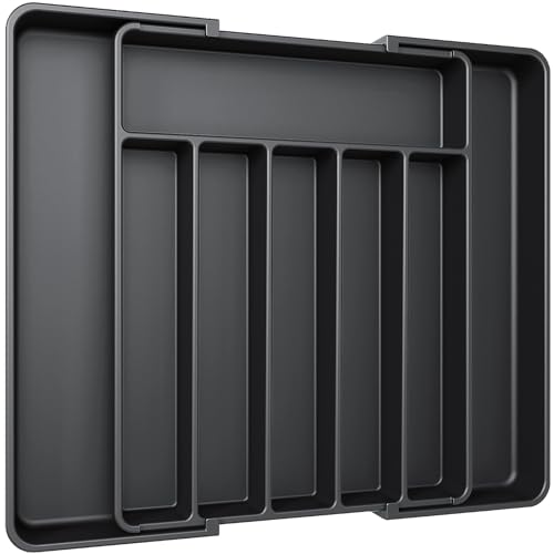 Aujen Silverware Organizer - Expandable Kitchen Drawer Organizer, Adjustable Utensil Organizer, Cutlery Tray for Forks, Knives, Multipurpose Kitchen Organizers and Storage Solution, Black, Large