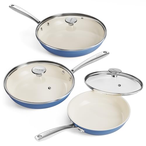 Redchef 6-teiliges Keramik Pfannen Set, Antihaft Bratpfannen 20 24 28 cm Induktion mit Deckel für alle Herdarten, Edelstahlgriff, PTFE-frei PFAS-frei PFOA-frei, Backofenfest, Spülmaschinenfest (blau)