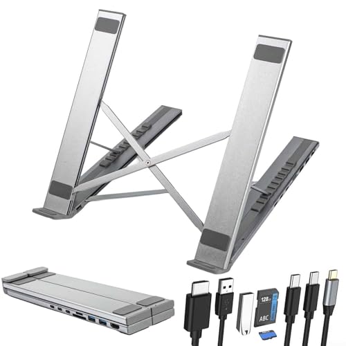 Soporte de estación de acoplamiento para portátil de aleación de aluminio 8 en 1, soporte elevador de enfriamiento ajustable para tabletas portátiles con ranuras para tarjetas SD/TF, transmisión USB-C