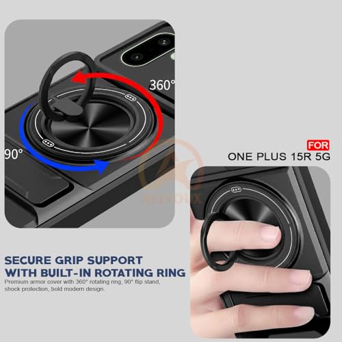 Image of OnePlus 15R 5G Back Cover | Armor Camera Slider 360 Degree Rotating Finger Ring Holder Case with Bracket Stand Back Case Cover (Compatible with MagSafe Accessories) (Black)