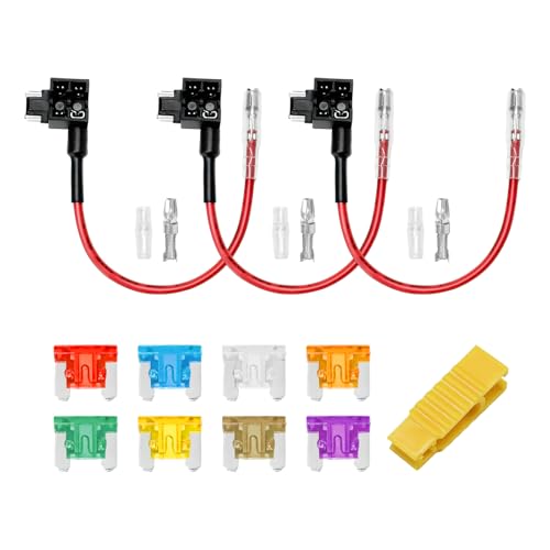 JNXIJ 3 PCS Low Profile Mini Blade Fuse Tap, Blade Fuse Holder with 8PCS Fuses (3A 5A 7.5A 10A 15A 20A 25A 30A) & Puller, Miniature Fuses Adapters Kit with Wire Harness for Car Truck Boat