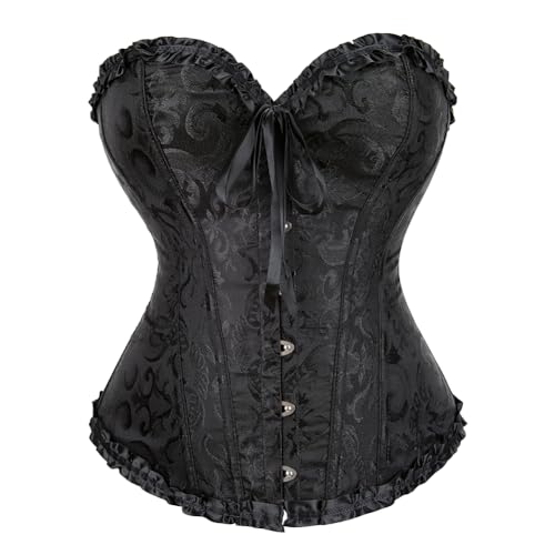 SHYMMUO Women's Lacing Corset Top Satin Floral Boned Overbust Body Shaper Bustier Black S
