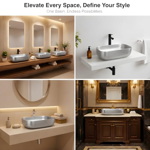 Image of VENICE Bathroom Vanity Sink Countertop Stylish & Durable Ceramic Tabletop Wash Basin Rectangular Vessel Bowl Metallic Silver Glossy Finish