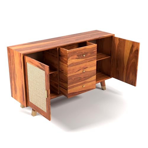 Image of Solid Sheesham Wood Wooden Sideboard Storage Cabinet : Ideal for Living Room and Bedroom with 3 Drawers and 4-Shelf Storage (Iriana, Honey Finish)
