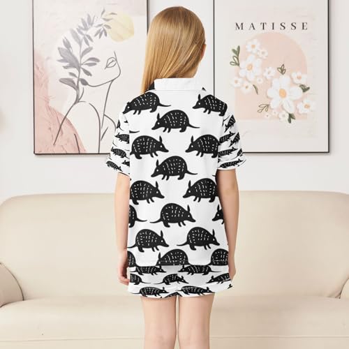 Satin Pajama Sets Short Sleeve Armadillo Pattern Print Black White Button Down Silky Nightwear 2 Piece PJS 5-14Y4