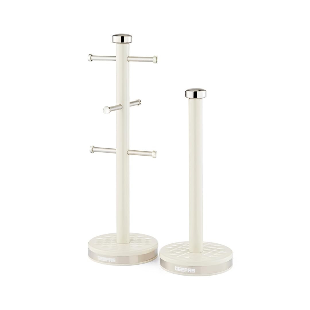 GEEPAS Mug Tree and Towel Pole Set | Rust Corrosion Free Carbon Steel Material Non-Slip Base Free Standing Design Kitchen Counter Storage Space Saver | Holds Upto 6 Mugs | Argyle Collection Cream