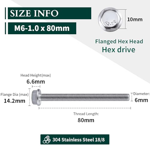 Image of M6-1.0 x 80mm Hex Flange Bolt (3.15 inch Thread Length), DIN6921, Serrated Locking Flange, 304 Stainless Steel, UNC Full Thread, 12-Pack
