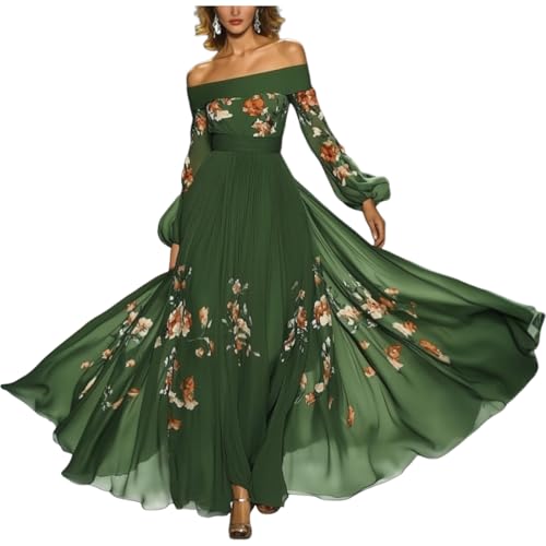 Youthful Green Long Sleeve Floral Paint Grace Maxi Dress Fashion Spring Summer Stunning A Line Girdle Daily Dress
