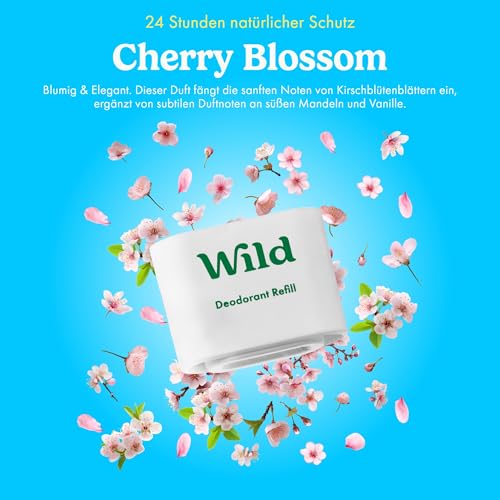 Wild - Natürliches nachfüllbares Deo - Aluminiumsalzfrei - Metallicblauer Deobehälter mit Nachfüll-Sortenpaket - Enthält Fresh Cotton & Sea Salt, Cherry Blossom, Coconut & Vanilla Düfte - Vegan