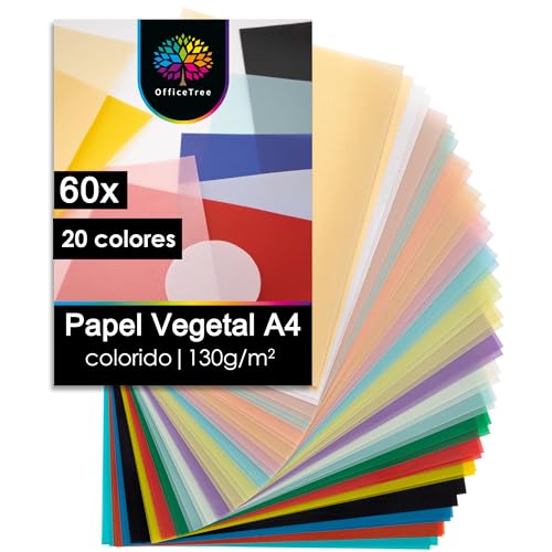 OfficeTree 60x Papel Cebolla Colores A4 130g/m² - 20 Colores - Extra fuerte e imprimible - Papel Vegetal A4 - Tracing Paper - Papeles de Calco Transparente