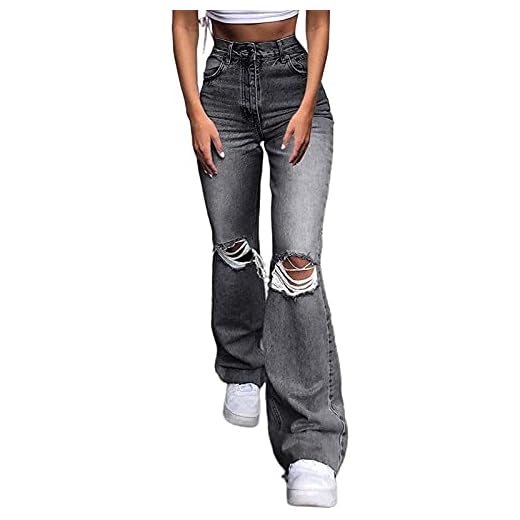 Dam Vintage Mid Taist Wide Leg Jeans Casual Straight Pencil Pants Y2k Byxor Mode Slim Byxor med fickor (Color : Gray, Size : M)
