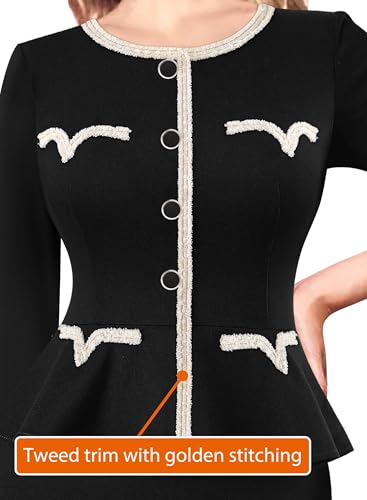 VFSHOW Womens 2024 Fall Work Business Dresses Buttons Peplum Office Slimming Crew Neck Patchwork A-Line Fit and Flare Dress3