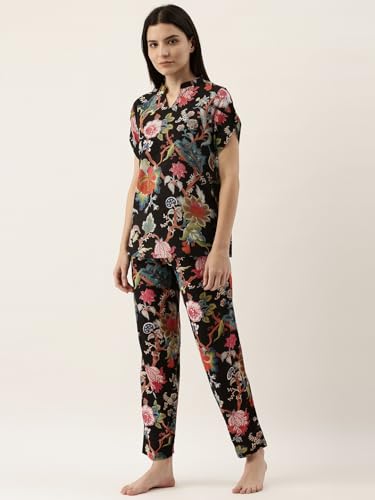 Image of SANSKRUTIHOMES Women's Premium 100% Cotton Printed Co-Ord Set | Short Sleeve Shirt & Pant Set | Pink Checkered Sun & Palm Tree Print | Casual Summer Resortwear, Vacation Wear & Comfortable Loungewear