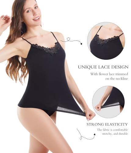 Image of Womens Tank Top Camisoles with Premium Cotton Italian Design - Trimmed with Flower Lace on Neckline