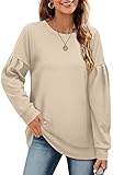 Aokosor Damen Sweatshirt Rundhalsausschnitt , Langarmshirt Damen mit Puffärmel , Oversize Bluse Pullover für Damen Khaki XL