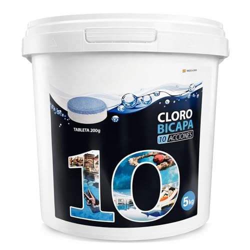 Cloro 10 Acciones, Recuperador Agua Piscina deteriorada, Tratamiento Inicial de la Piscina, Tabletas Multifuncion de 200 grs, Fabricado en España, Forma del Producto Granular, Contiene 5 Kg