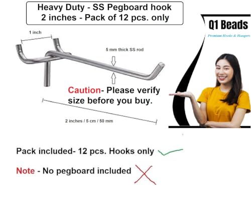 Image of Q1 Beads 12 Pack 2 inch Heavy Duty Peg Hooks for 1� Spaced Pegboards, Utility Hooks for Wall Organizing in Home or Garage (Chrome, 2 inches, 12 Pcs) (2 inch)