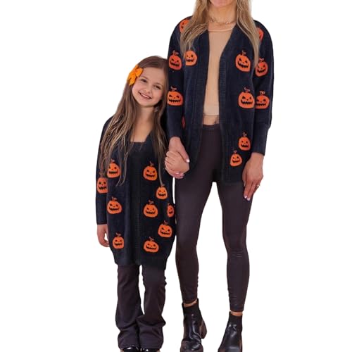 Mommy and Me Halloween Fall Outfit Pumpkin Spooky Embroidery Long Sleeve Open Front Knit Cardigan Sweater Top