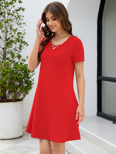 Image of KORSIS Women's Dresses Summer Casual T-Shirt Short Sleeve Criss Cross V Neck Swing Beach Vacation Sundress Dress with Pockets