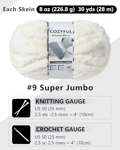 Image of Cozyful Chunky Yarn for Hand Knitting, #9 Thick Jumbo Big Chunky Yarn for Crocheting, Super Chunky Knit Blanket Yarns, Large Chunky Chenille Yarns, 8 Pack (30 yds 8 oz Each Skein), Cream